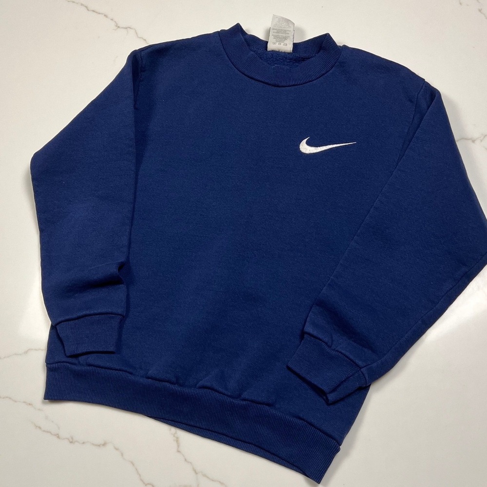 90s Nike Sweatshirt Kids Navy Vintage Made in USA Embroidered Swoosh Small 8 - Picture 1 of 6
